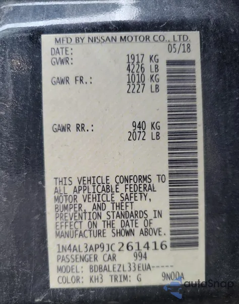 2018 Nissan Altima 2.5 from USA, damaged, VIN 1N4AL3AP9JC261416